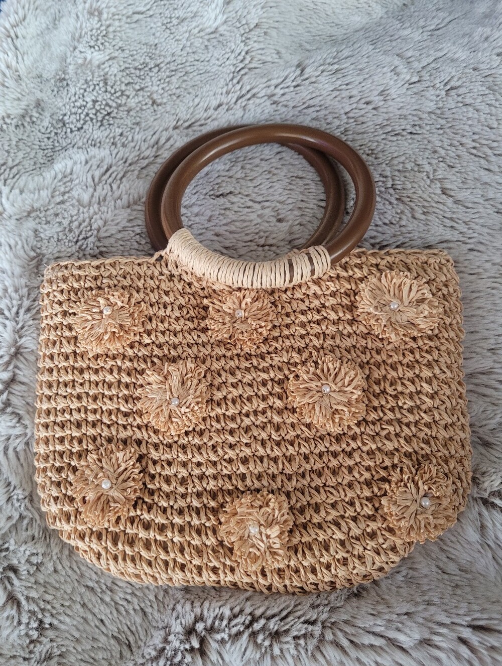 Cute Mini Raffia Woven Handbag With Floral Detail And Wooden Handles